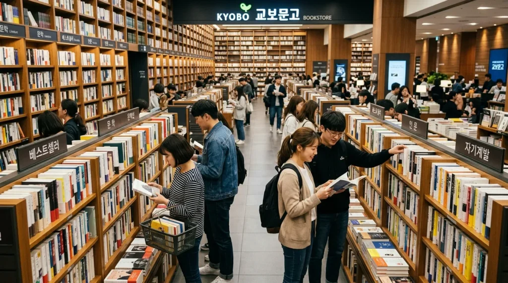 대형 교보문고 매장 내부의 정돈된 서가와 책을 고르는 한국인 청년들의 활기찬 모습