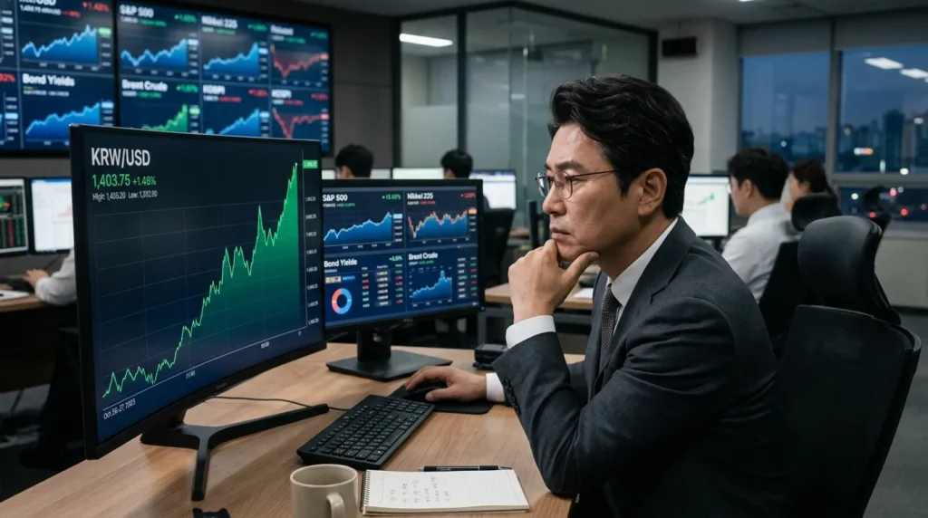 한 한국인 투자자가 컴퓨터 화면에서 치솟는 환율 그래프를 보며 심각한 표정으로 고민하는 모습. 주변에는 세계 경제 지표를 나타내는 차트들이 흐릿하게 보인다.