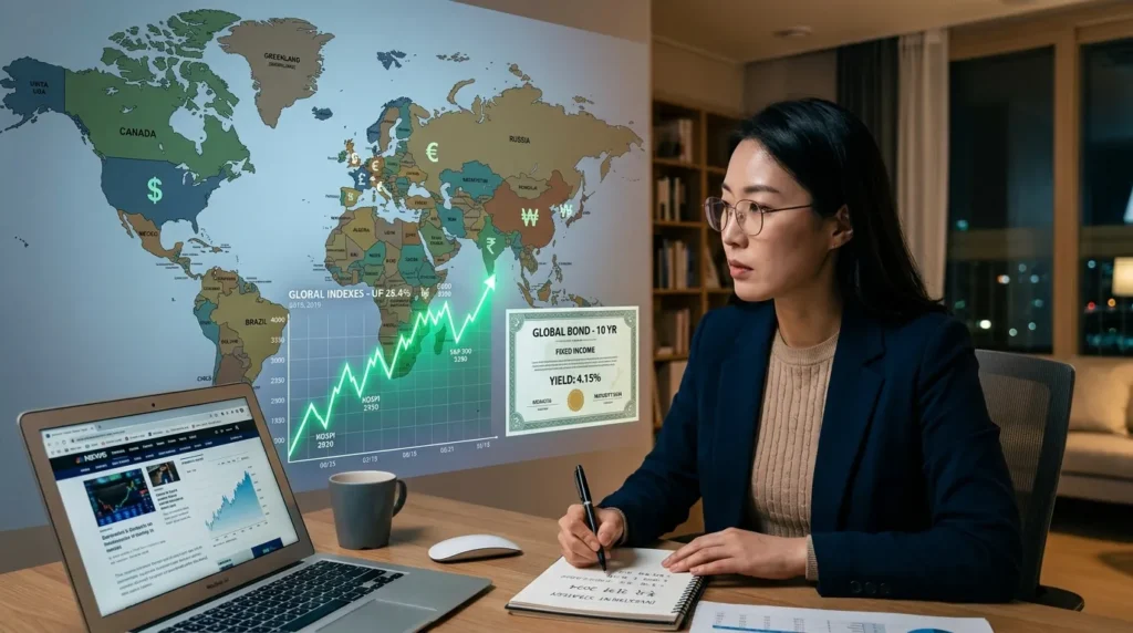 다양한 국가의 통화 기호 (달러, 유로, 엔 등)와 세계 지도가 배경에 함께 나타나며, 그 위에 성장하는 주식 그래프와 채권 이미지가 겹쳐져 있는 모습. 한 한국인이 그 지도를 바라보며 투자 전략을 구상하고 있다.