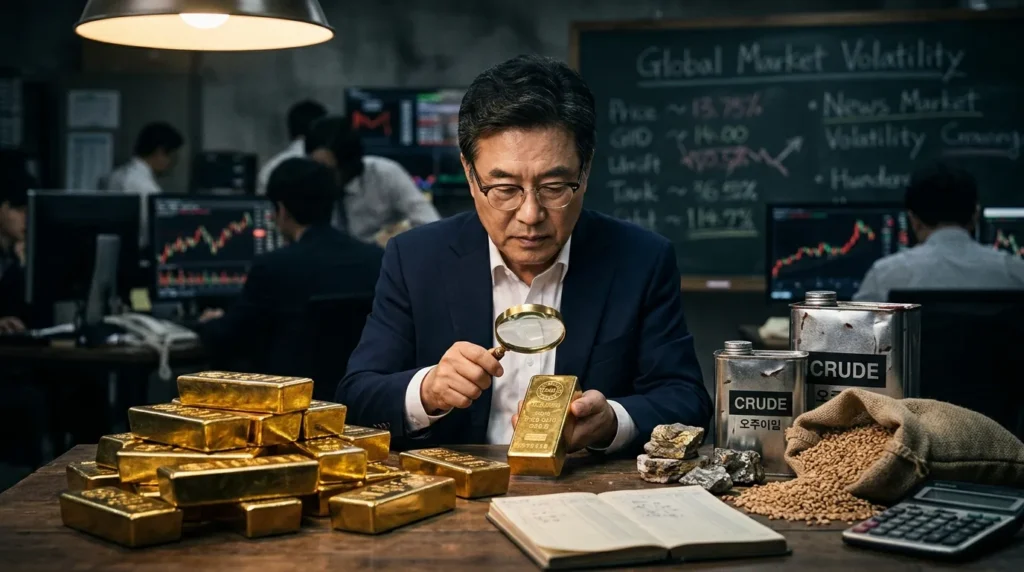 빛나는 금괴 더미와 다양한 원자재 (석유통, 곡물 등)가 흩어져 있고, 그 뒤로 불안정한 세계 경제 상황을 암시하는 어두운 배경이 펼쳐져 있는 모습. 한 한국인 전문가가 돋보기를 들고 금괴를 면밀히 살피고 있다.