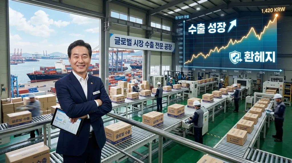 한국 공장에서 수출용 제품들이 컨베이어 벨트를 따라 이동하고, 멀리서 선박이 항구에 정박해 있는 모습. 환율 그래프가 상승하는 배경 위에 '수출 증가'와 '환헤지'라는 키워드가 부각되어 있다. 한국인 기업가가 흐뭇하게 수출 현장을 바라보고 있다.