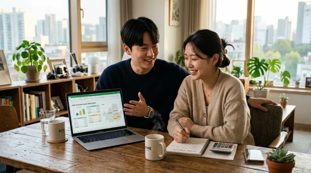한국인 젊은 부부가 탁자 앞에 앉아 노트북으로 재정 계획을 검토하고 미래 주거에 대해 이야기하는 모습. 편안하고 희망찬 분위기.