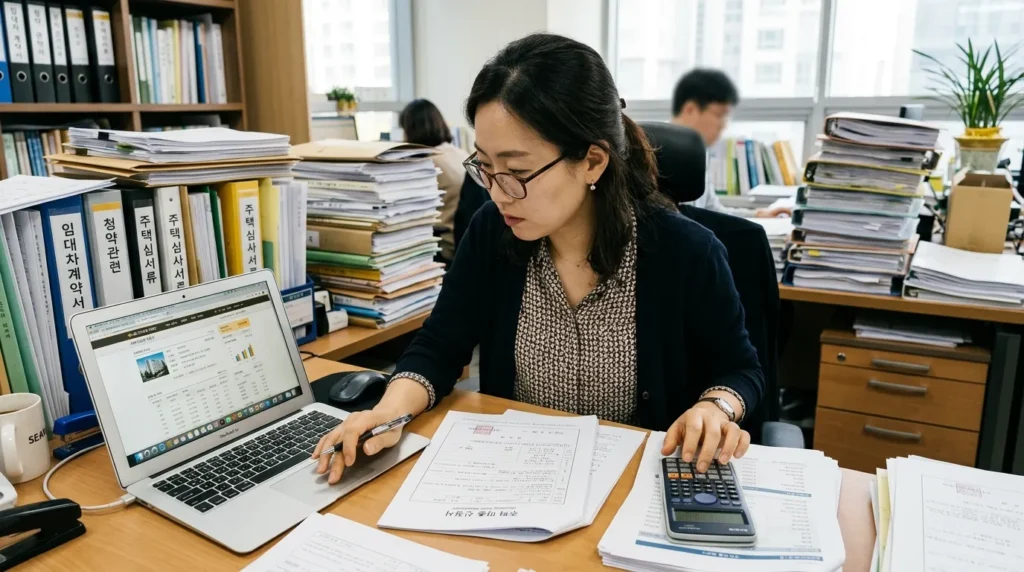 한 한국인 여성이 서류를 꼼꼼히 확인하고 노트북으로 정보를 검색하며 계산기를 두드리는 모습. 배경에는 주거 관련 서류들이 쌓여 있다.