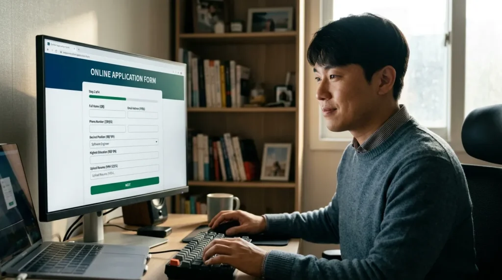 한 한국인 남성이 컴퓨터 앞에 앉아 온라인 신청 양식을 작성하고 있는 모습. 화면에는 복잡하지 않고 직관적인 신청 페이지가 보인다.