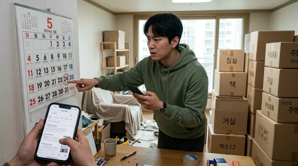 거실에 쌓여 있는 이삿짐 박스들 옆에서 한국인 남성이 걱정스러운 표정으로 달력의 오늘 날짜를 확인하며 스마트폰으로 정보를 검색하는 모습