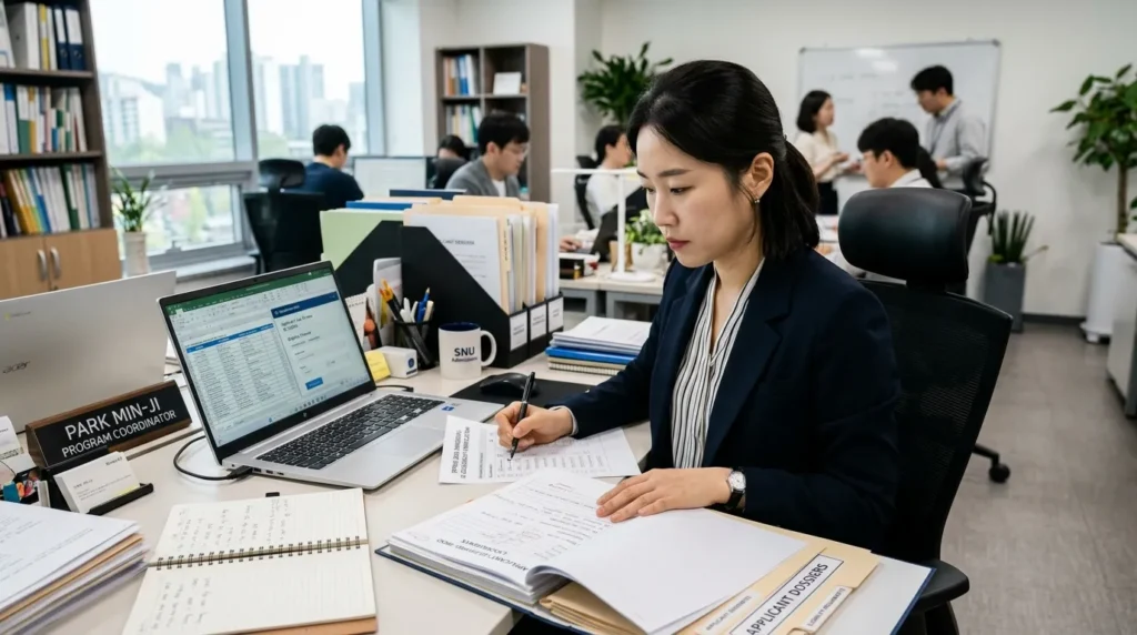 한국인 여성 전문가가 사무실에서 노트북과 서류를 대조하며 지원 대상자 자격 요건을 정밀하게 검토하는 모습