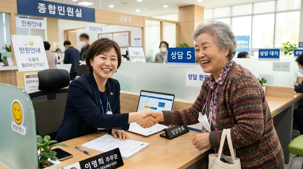 밝은 분위기의 공공기관 상담 센터에서 한국인 공무원과 민원인이 밝게 웃으며 상담을 마치는 긍정적인 모습