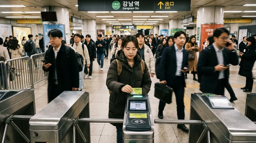 서울 지하철 개찰구에서 '기후동행카드' 로고가 그려진 카드를 태그하는 모습, 주변에는 출퇴근하는 서울 시민들의 바쁜 모습이 활기차게 묘사됨