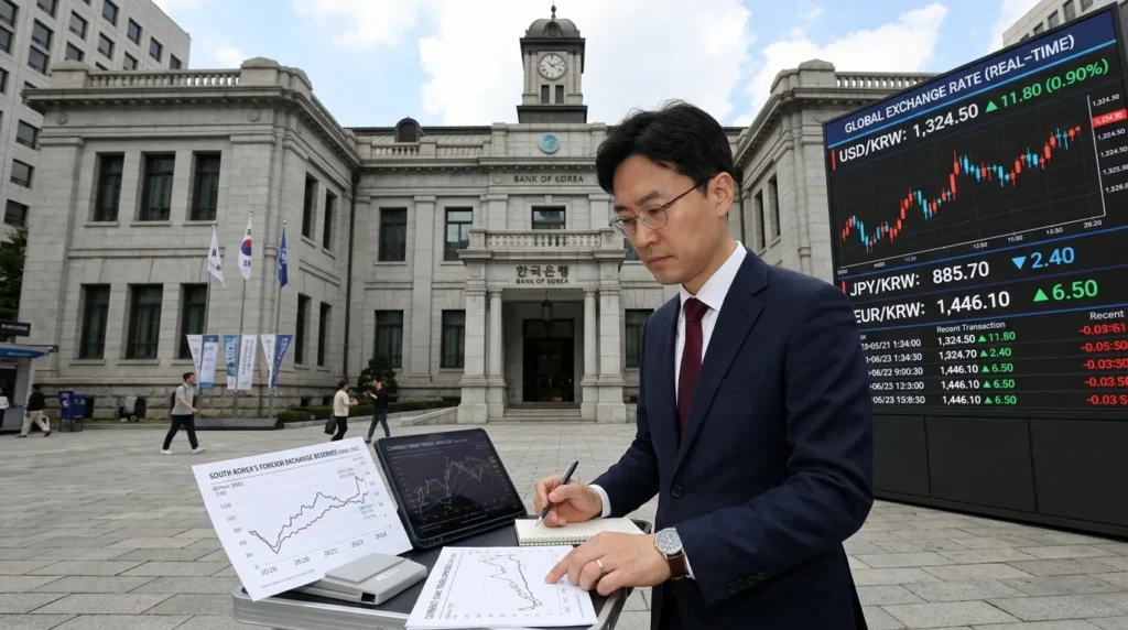 한국은행 건물을 배경으로, 한 남성 경제학자가 통화 스와프 그래프와 외환보유액 차트를 보며 심각하게 분석하는 모습. 그의 옆에는 거대한 디지털 화면에 환율 변동 추이가 실시간으로 표시되고 있다.