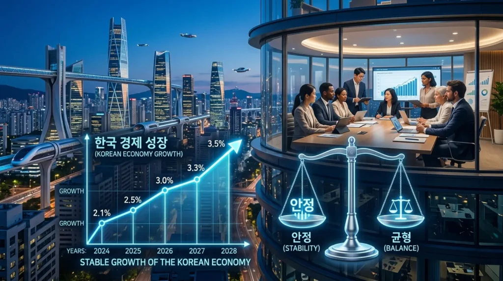 미래 지향적인 도시 풍경을 배경으로, 한국 경제의 안정적인 성장을 상징하는 상승 그래프와 균형 잡힌 저울이 조화롭게 표현된 모습. 다양한 인종의 사람들이 비즈니스 미팅을 하고 있는 장면이 흐릿하게 보인다.