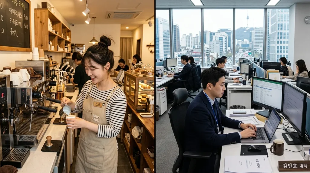 소규모 카페에서 일하는 한국인 청년 아르바이트생과 대형 오피스 빌딩에서 근무하는 한국인 직장인의 모습을 대비하여 보여주는 분할 이미지.