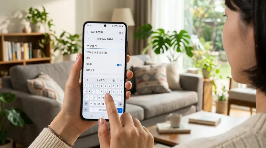 캘린더 앱에 '보상 휴가'라고 적힌 일정을 등록하고 있는 한국인 여성의 스마트폰 화면 배경. 배경에는 편안한 거실 풍경.