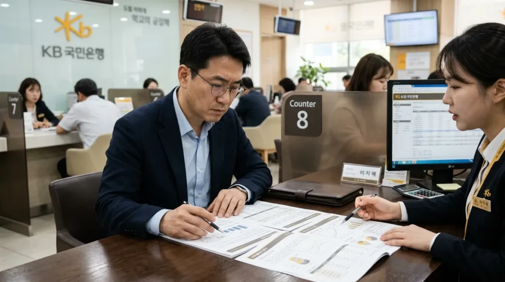한국인 남성이 은행 창구에서 상담하며 복잡한 금융 서류를 들여다보고 있는 모습. 진지하고 고민하는 표정을 하고 있으며, 배경에는 은행 로고와 다른 창구들이 흐릿하게 보인다.