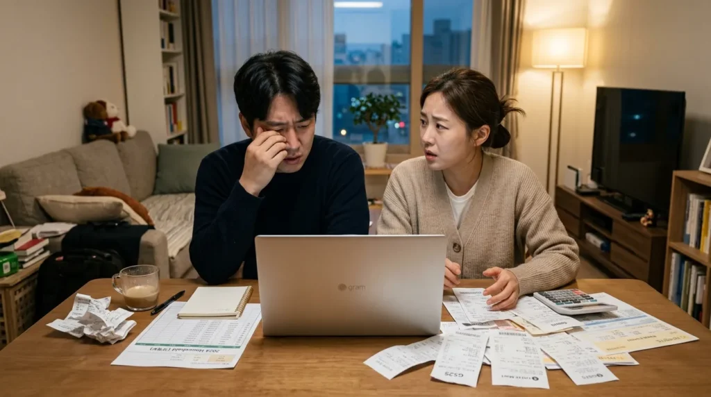 불안한 표정의 한국인 부부가 거실에서 노트북을 켜고 가계부를 확인하며 심각하게 대화하는 모습. 주변에는 생활비 관련 영수증들이 흩어져 있다.