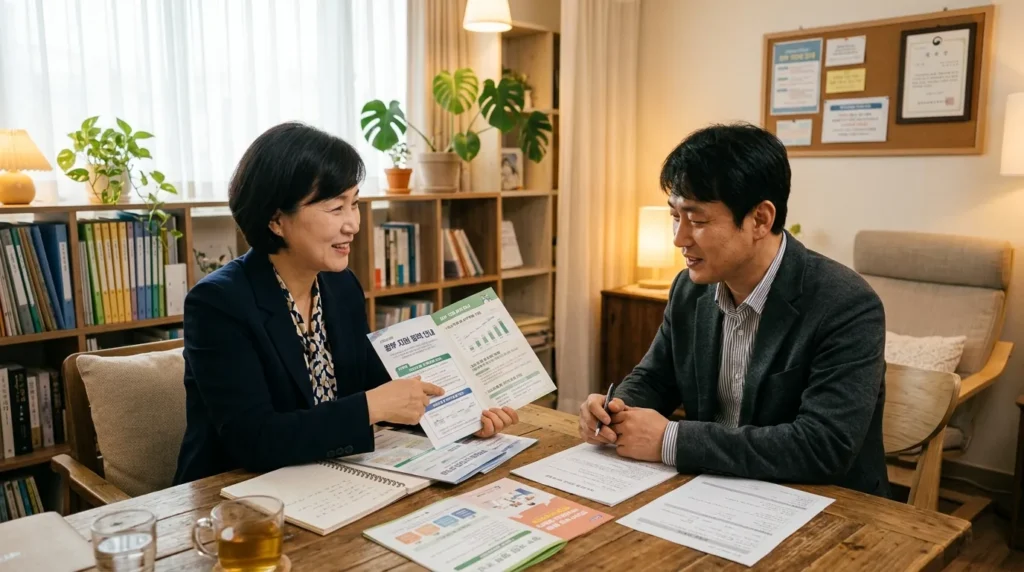 따뜻한 색감의 조명이 비추는 상담실에서 한국인 여성 상담사가 힘들어하는 한국인 남성에게 정부 지원 정책 자료를 보여주며 친절하게 설명하는 모습. 상담실은 편안하고 신뢰감 있는 분위기이다.
