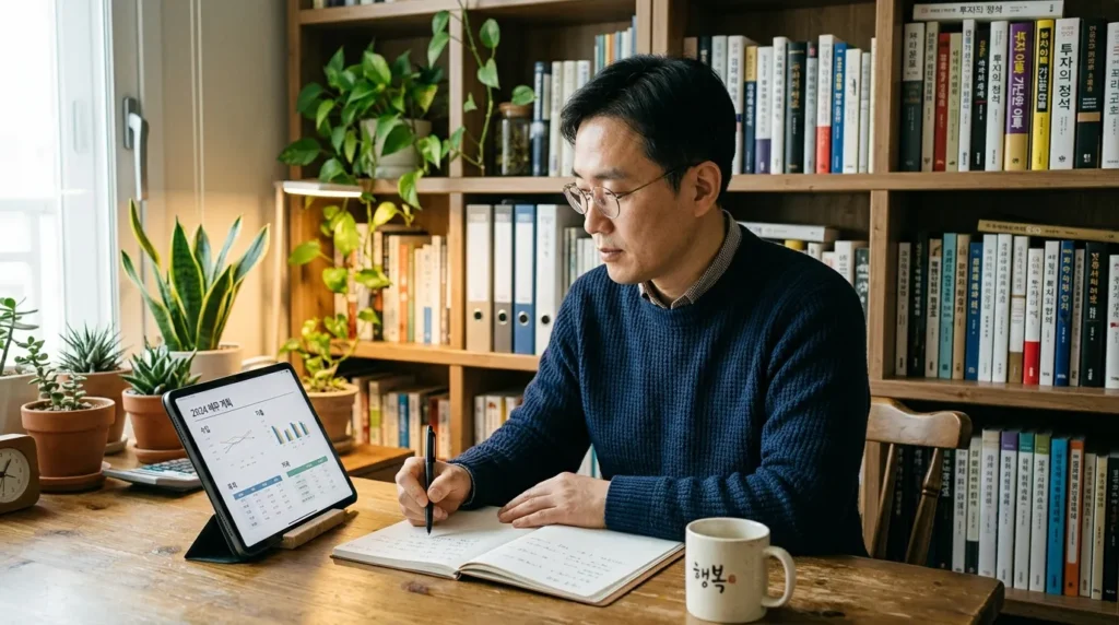 한국인 남성이 서재에서 태블릿을 보며 재무 계획을 세우는 모습, 뒤에는 책장과 식물이 있어 안정적인 분위기를 연출한다. 책상 위에는 재정 계획서와 펜이 놓여 있다.