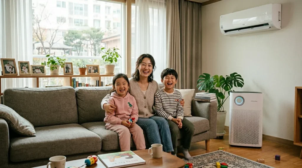 한국인 부모와 두 자녀가 거실에서 밝게 웃으며 에어컨과 공기청정기가 작동 중인 쾌적한 집안 분위기를 즐기고 있는 모습. 따뜻하고 행복한 가정의 분위기가 강조됨.