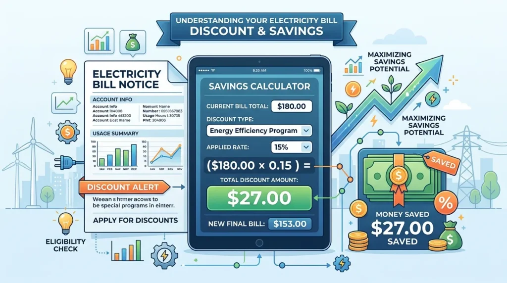 태블릿 PC 화면에 전기요금 고시서와 할인 금액이 계산기로 계산되어 나오는 인포그래픽 이미지. 상승하는 화살표와 절약되는 지폐 아이콘이 포함된 깔끔한 디자인.