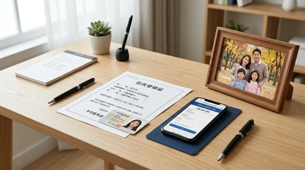 깨끗한 책상 위에 주민등록등본 서류와 신분증, 스마트폰이 놓여 있고, 그 옆에 가족사진이 있는 모습. 서류 신청 준비를 상징하는 정갈한 이미지.