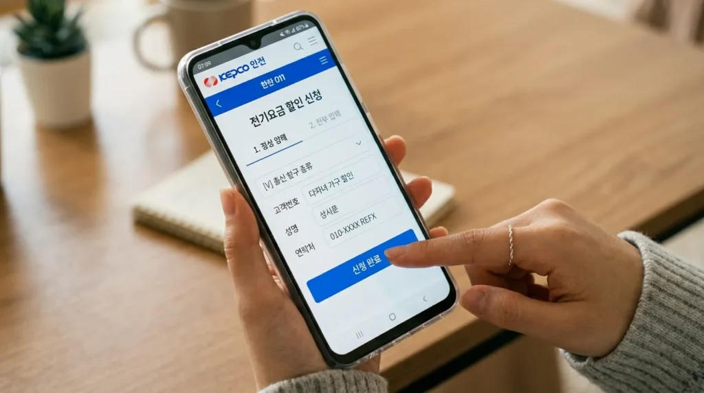 한국인 여성이 집에서 스마트폰 앱을 사용하여 전기요금 할인 신청을 하고 있는 손 모양 클로즈업. 화면에는 한전 ON 앱의 신청 페이지가 보임.