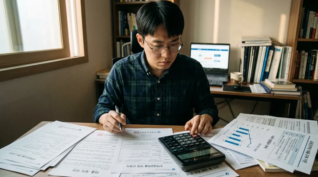 한국인 남성이 복잡한 서류와 계산기 앞에서 주택 관련 서류를 검토하며 대출 연장 조건을 확인하는 모습. 옆에는 신용점수 그래프와 금융 규제 관련 문서가 놓여 있다.