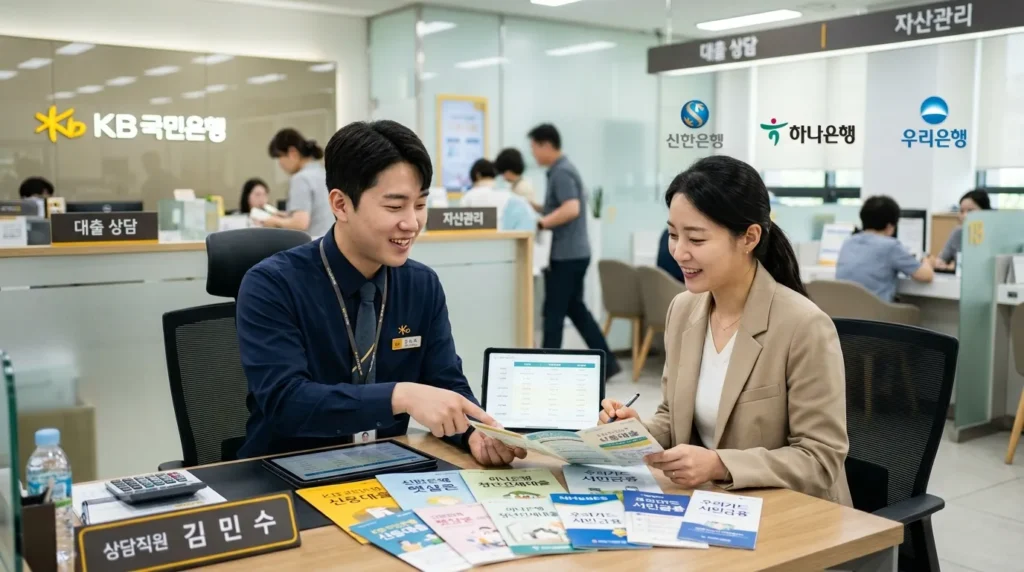 한국인 은행원이 고객과 상담하며 다양한 금융기관의 대출 상품 설명서를 보여주는 모습. 배경에는 각기 다른 은행 로고가 흐릿하게 보인다.