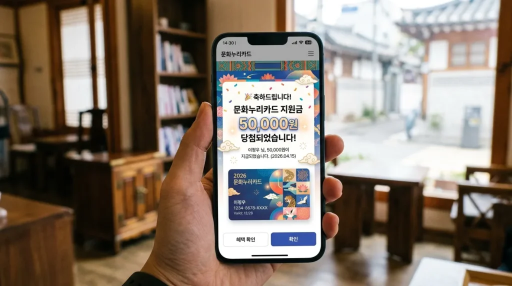 2026년도 문화누리카드와 스마트폰 앱 화면에 5만원 당첨 축하 메시지가 떠 있는 모습, 배경에는 한국의 전통 문양과 현대적인 디자인이 조화로운 일러스트