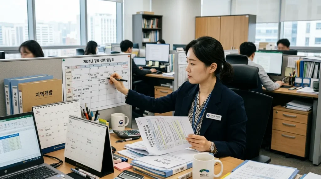 캘린더와 서류를 꼼꼼하게 검토하는 한국인 여성 공무원의 모습, 정책의 날짜와 대상을 분석하는 전문적인 분위기