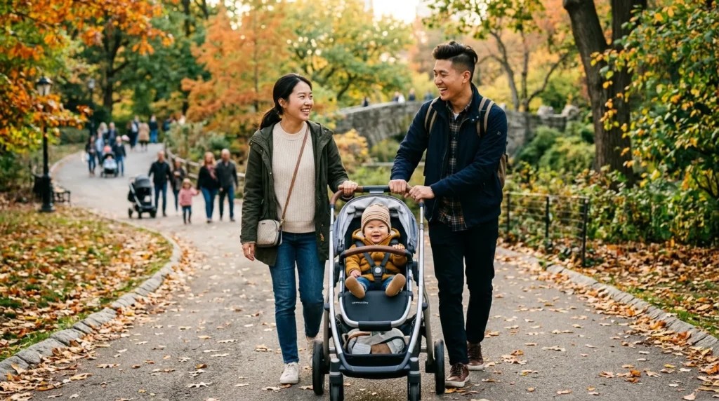 젊은 한국인 부부가 아기를 중간에 두고 양쪽에서 유모차를 밀며 공원을 산책하는 모습, 공동 육아의 즐거움 표현