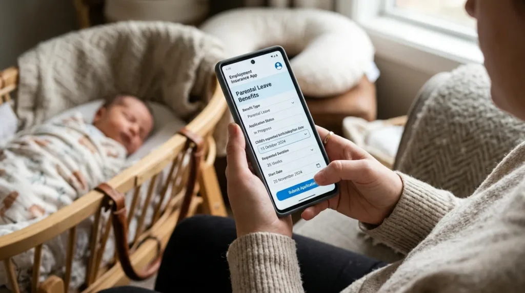 스마트폰으로 고용보험 앱을 사용하여 육아휴직 급여를 신청하는 손의 클로즈업 샷, 깔끔한 인터페이스 디자인