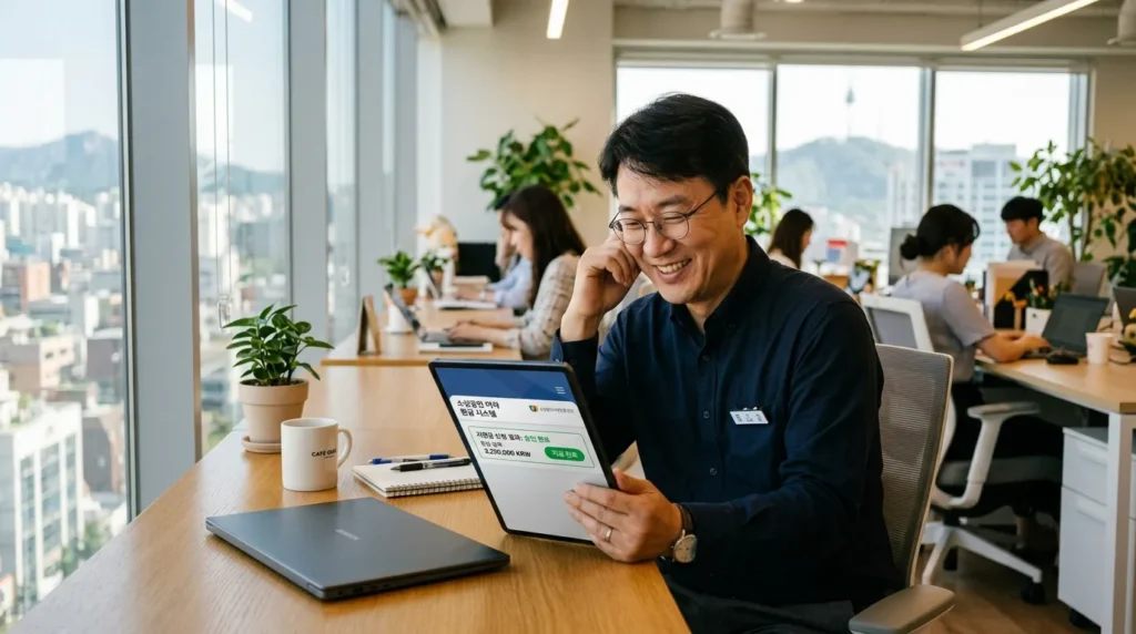 자영업자 이자 환급 제도 - 밝은 사무실에서 한국인 자영업자가 태블릿으로 금융 지원 정보를 확인하며 안도하는 모습.