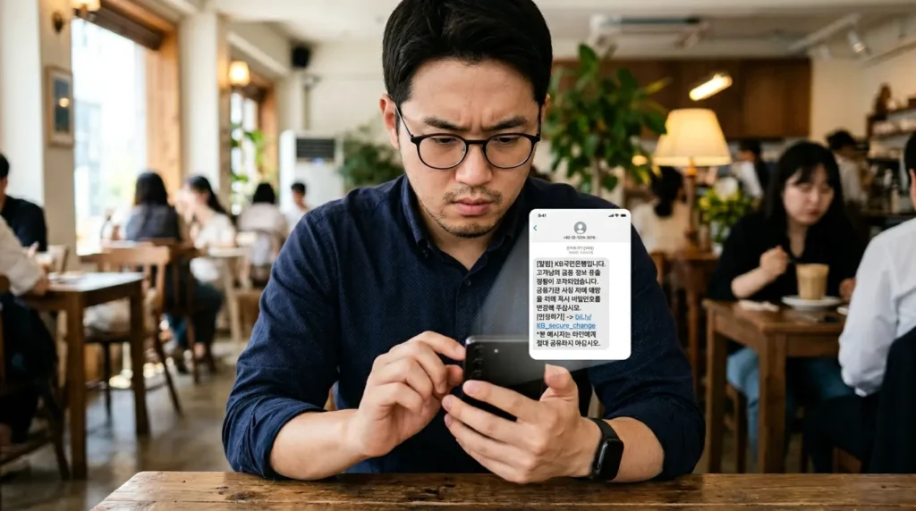 스팸 문자 식별 - 스마트폰 화면에 뜬 수상한 문자와 이를 주의 깊게 살펴보는 한국인 남성의 모습.