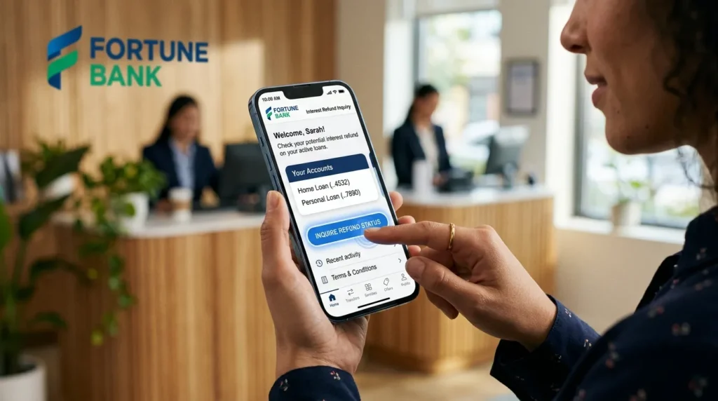 이자 환급 조회 서비스 - 은행 로고가 보이는 모바일 뱅킹 앱 화면과 이를 터치하는 사용자.