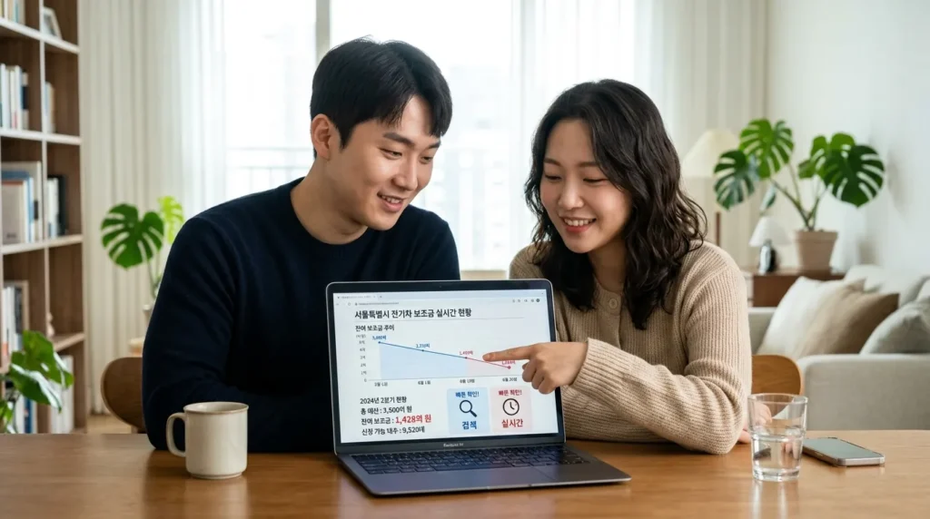 한국인 남녀가 노트북 앞에서 서울시 전기차 보조금 현황 웹페이지를 보고 있는 모습. 웹페이지 화면에는 실시간 잔여 보조금 현황 그래프와 숫자가 명확하게 표시되어 있다. 주변에는 돋보기와 시계 아이콘이 배치되어 정보를 빠르게 찾는다는 느낌을 준다.