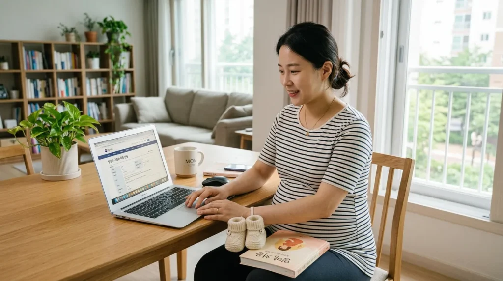 한국인 여성이 노트북으로 정부24 웹사이트에서 임산부 교통비 신청서를 작성하는 모습. 옆에는 아기 신발과 태교 책이 놓여있다. 깔끔하고 밝은 분위기.