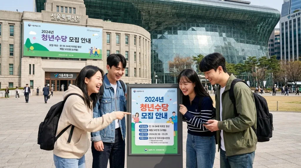 서울 시청 건물 배경 앞에 한국인 청년들이 밝은 표정으로 수당 모집 공고를 확인하는 모습