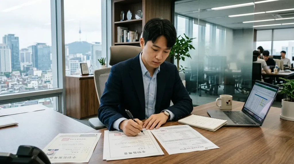 한국인 청년이 책상 앞에 앉아 주민등록등본과 건강보험료 납부 확인서를 꼼꼼히 검토하는 세련된 사무 공간