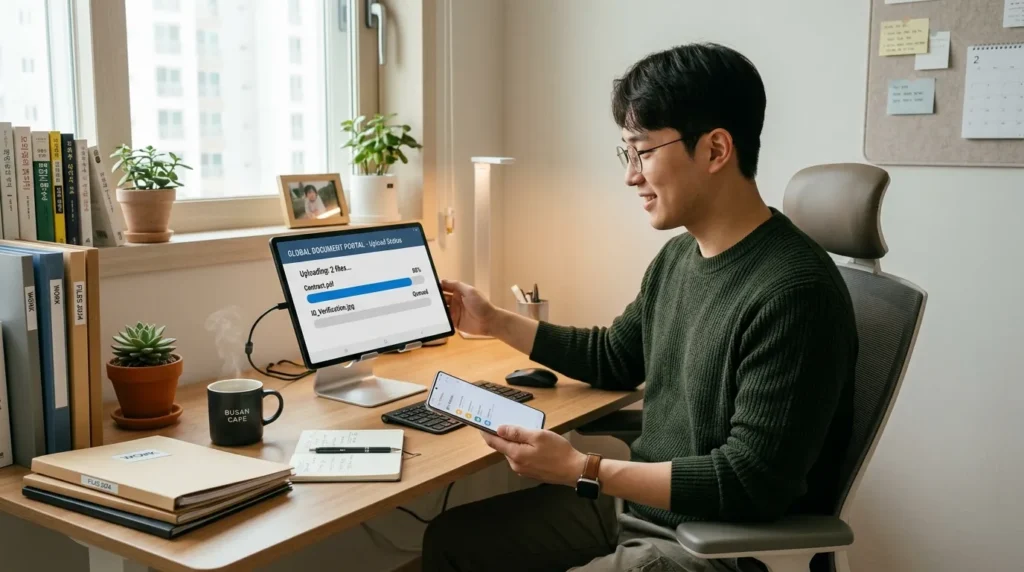 한국인 청년이 태블릿 PC와 스마트폰을 활용하여 깔끔하게 정돈된 책상 위에서 온라인으로 서류를 업로드하는 모습
