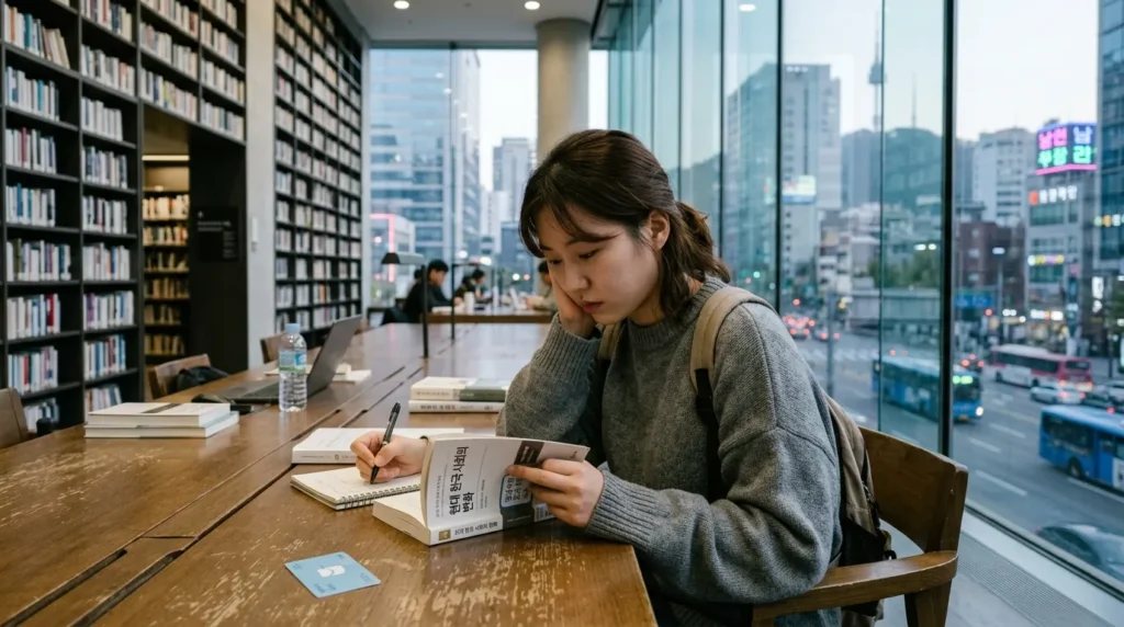 서울 시내 도서관에서 청년이 청년수당 카드로 결제하여 산 책을 읽으며 공부에 집중하는 평화로운 모습
