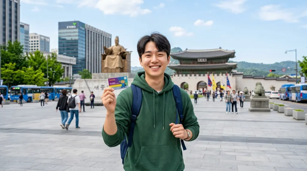 활기찬 서울 광화문 광장을 배경으로 한 청년이 교통카드를 들고 밝게 웃고 있는 모습, 현대적이고 깨끗한 이미지