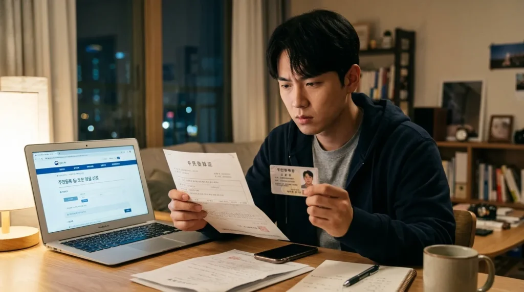 노트북 화면 앞에서 주민등록등본 서류와 신분증을 확인하며 신청을 준비하는 청년의 진지한 모습