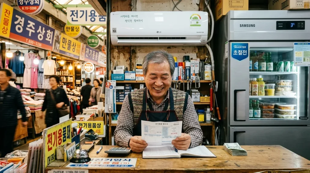 한국의 전통 시장 상점 주인이 밝은 미소로 전기 요금 고지서를 확인하며 안도하는 모습, 뒤편에는 에너지 효율이 높은 에어컨과 냉장고가 보임.