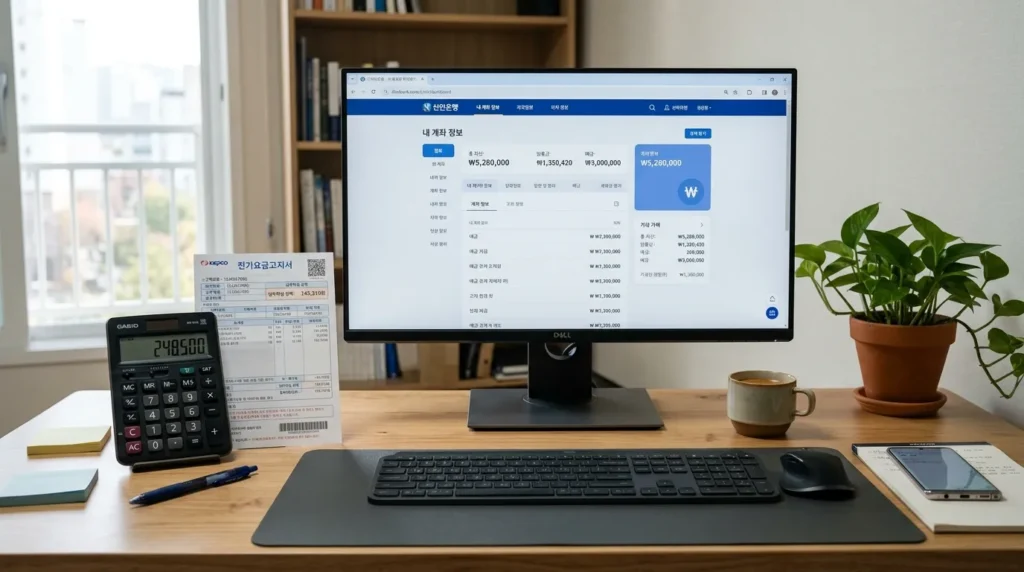 디지털 계산기와 전기 요금 영수증, 그리고 한국 화폐 단위가 표시된 모니터 화면이 있는 깔끔한 사무실 책상 위 전경.