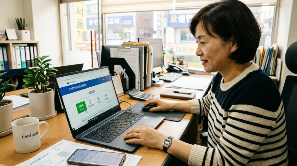 최신 노트북 앞에 앉아 소상공인 전기요금 지원 사이트에 접속하여 본인 인증을 진행하는 한국인의 손과 화면의 모습.