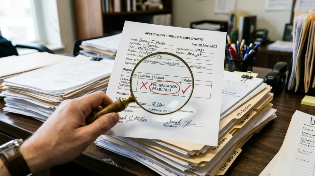 서류 더미 중에서 빨간색 '확인 요망' 체크 표시가 되어 있는 신청서 한 장과 주의 깊게 검토하는 돋보기 이미지.