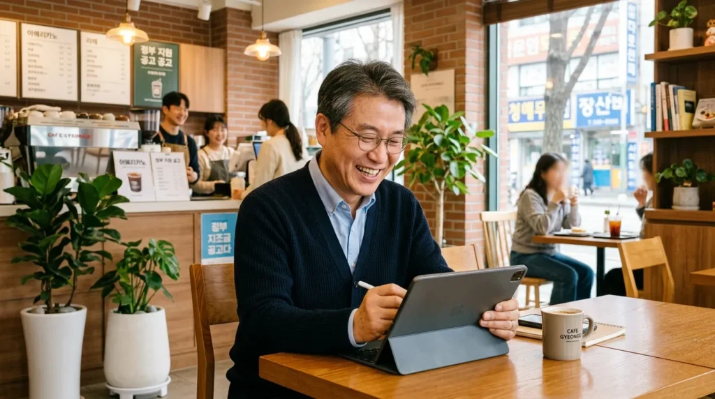 깨끗하고 세련된 한국의 카페 내부에서 중년의 한국인 남성 사장이 밝은 미소로 태블릿 PC를 이용해 정부 지원금을 신청하는 모습