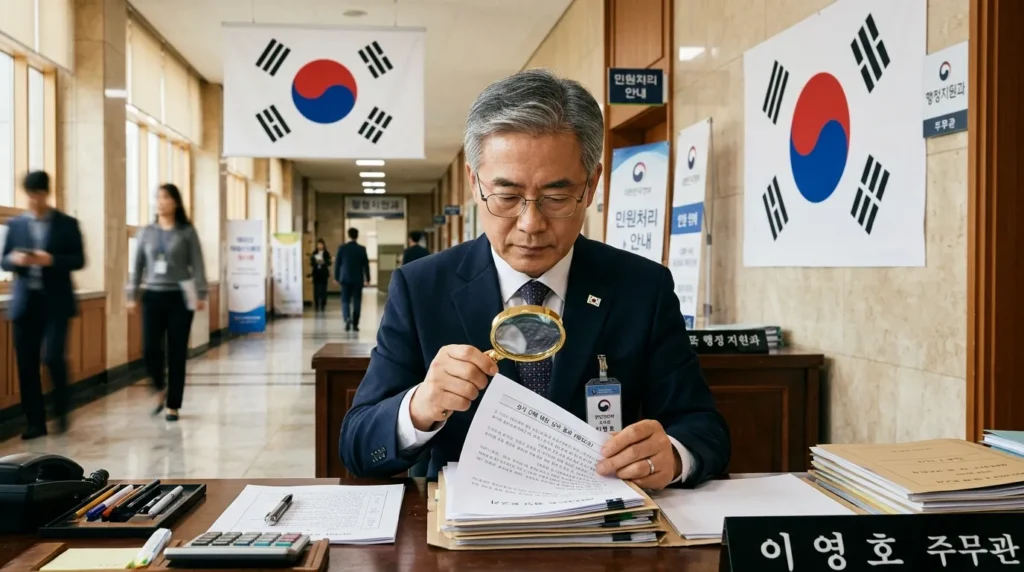 돋보기를 들고 서류를 꼼꼼하게 검토하는 신뢰감 있는 한국인 공무원의 모습과 배경에는 태극기 마크가 있는 정부 청사의 복도