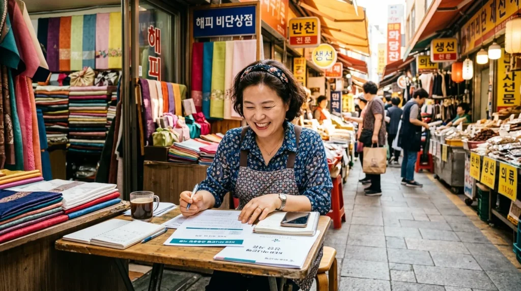 한국의 번화한 전통시장 골목에서 소상공인이 밝은 표정으로 은행 상담 서류를 검토하고 있는 모습, 배경에는 따뜻한 햇살이 비치는 상점들이 보임