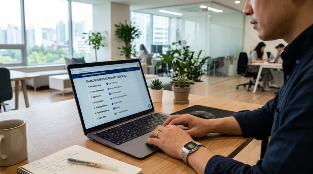 깨끗하고 현대적인 사무실에서 소상공인 자격 요건이 적힌 체크리스트를 확인하는 한국인 남성의 손과 노트북 화면