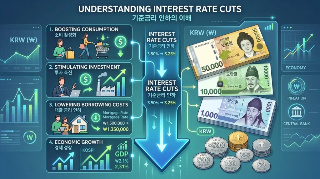 금리 인하를 상징하는 화살표가 아래로 향하는 인포그래픽과 한국 지폐, 동전들이 깔끔하게 배치된 이미지